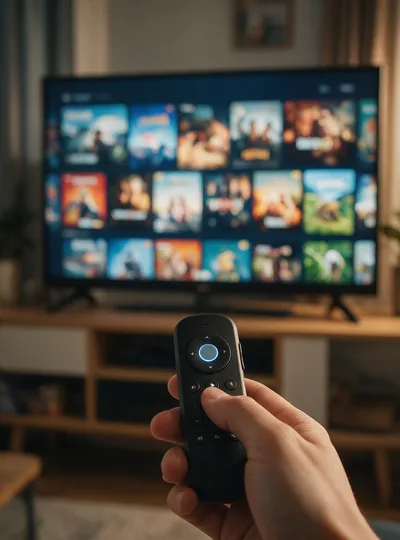 A streaming-stick remote held in front of a television showing a channel grid