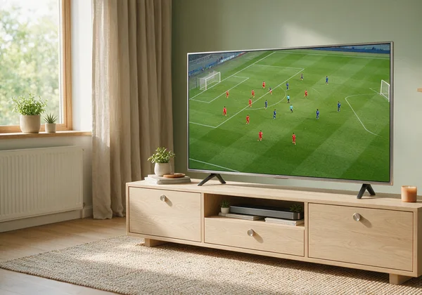 A 4K television in a bright living room showing a live football match