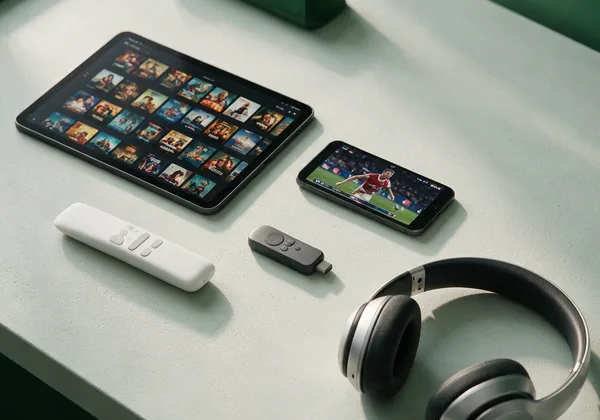 A tablet showing a grid of film thumbnails beside a phone playing live sport