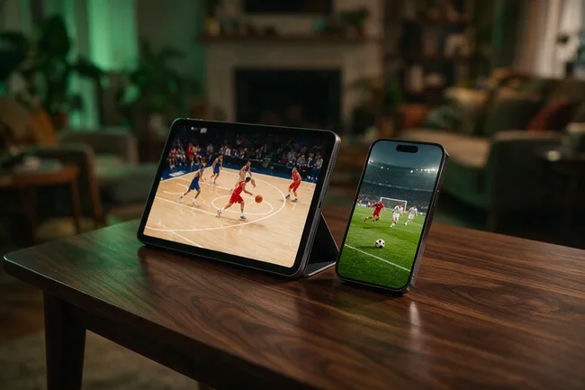 Basketball on a tablet and football on a phone, side by side on a table